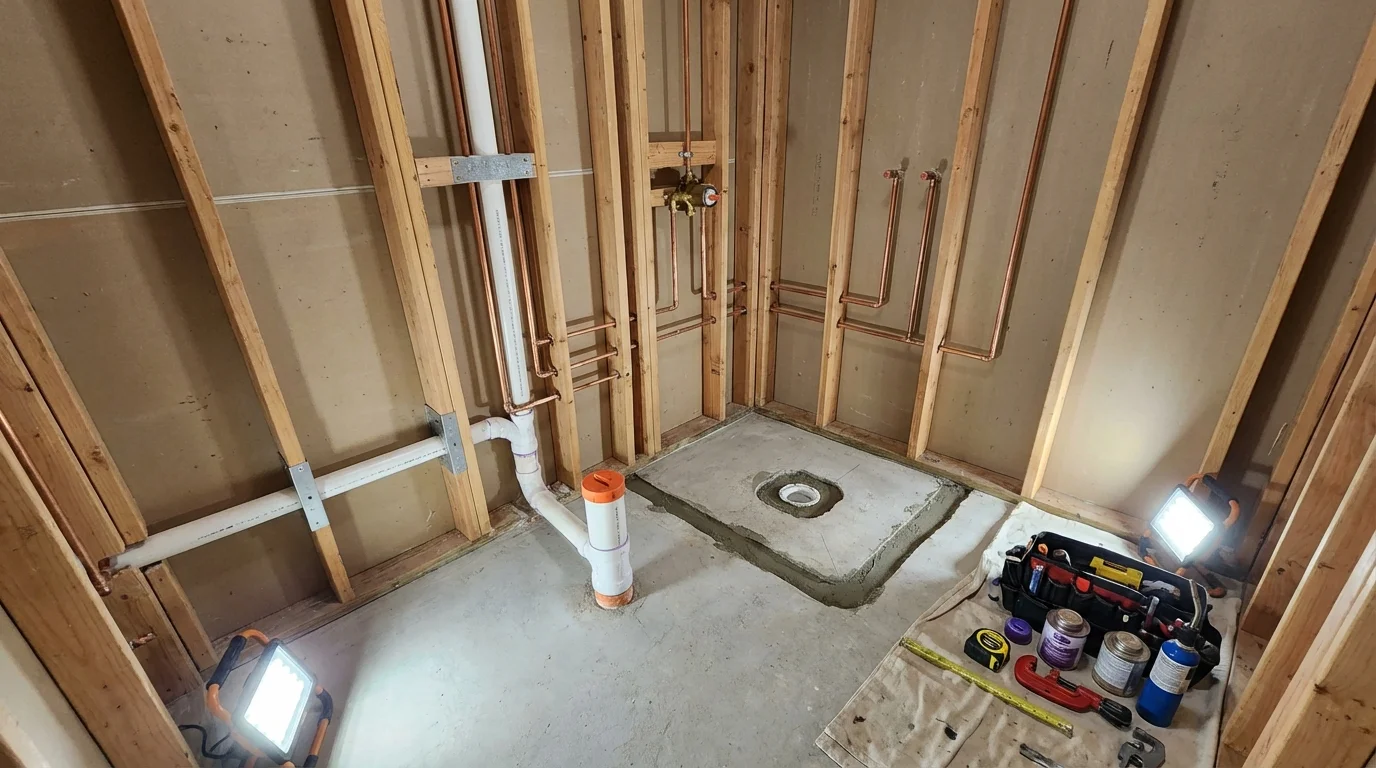 Bathroom rough-in plumbing during remodel by Johns Plumbing LLC in Crump