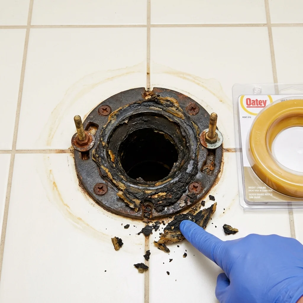 Failed wax ring showing water seepage at the base of a toilet in a Crump, TN home