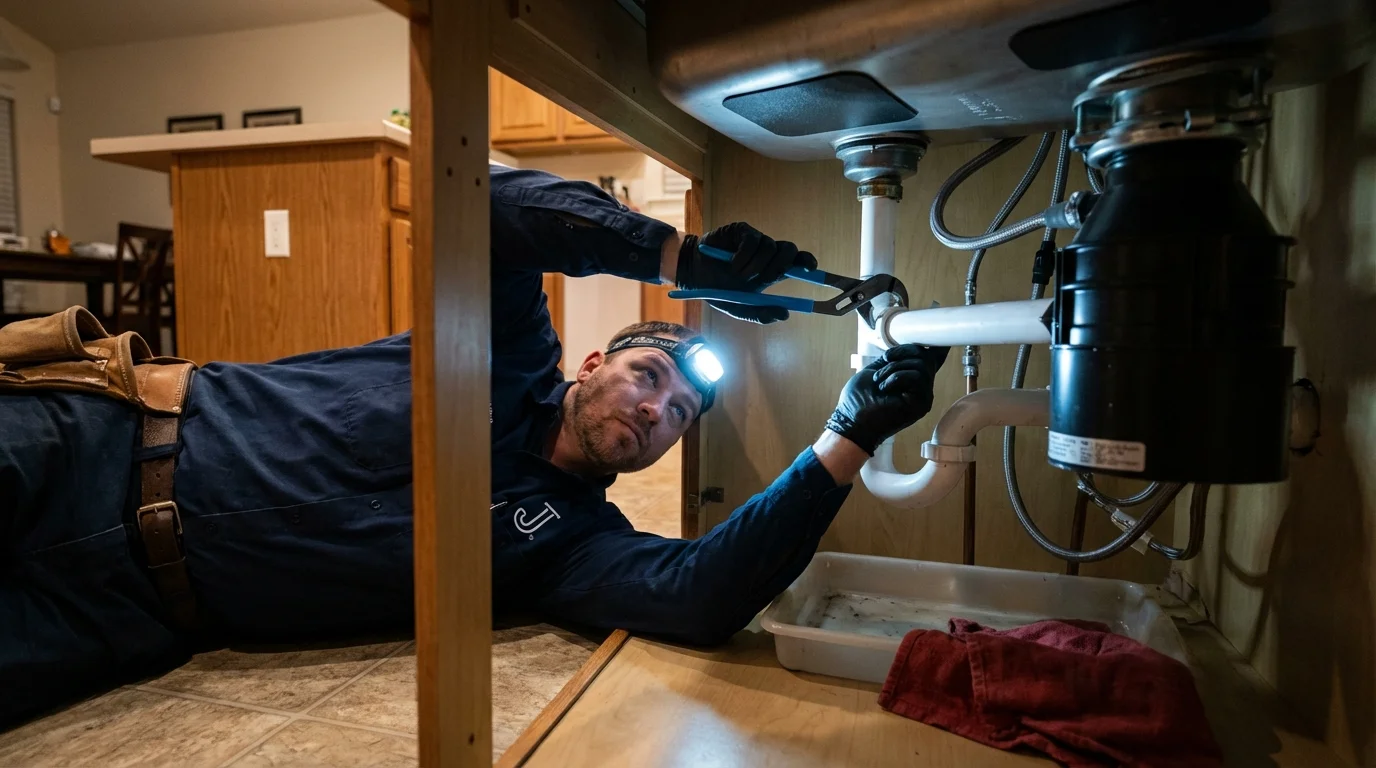 P-trap and supply line connections under a kitchen sink showing a common leak point in Crump, TN